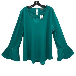 The Limited Ruffle Sleeve Tunic Top Faux Pearl Accents Womens XL Emerald Green